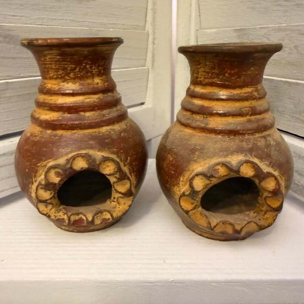 Set of 2 Vintage Terracotta Clay Miniature Chiminea Candle Holders